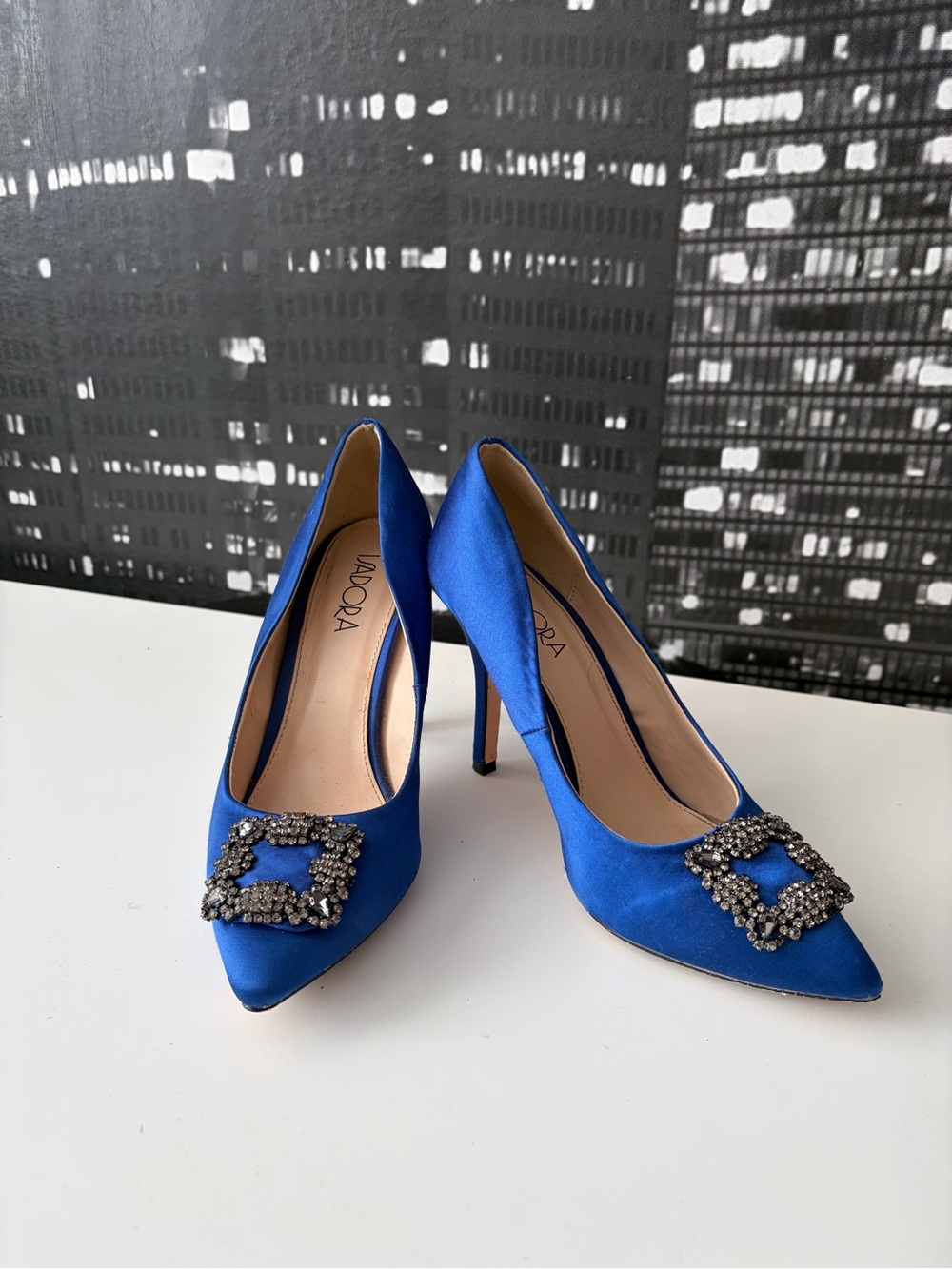 Royal Blue Satin Pointed Toe Heels with Crystal Buckle